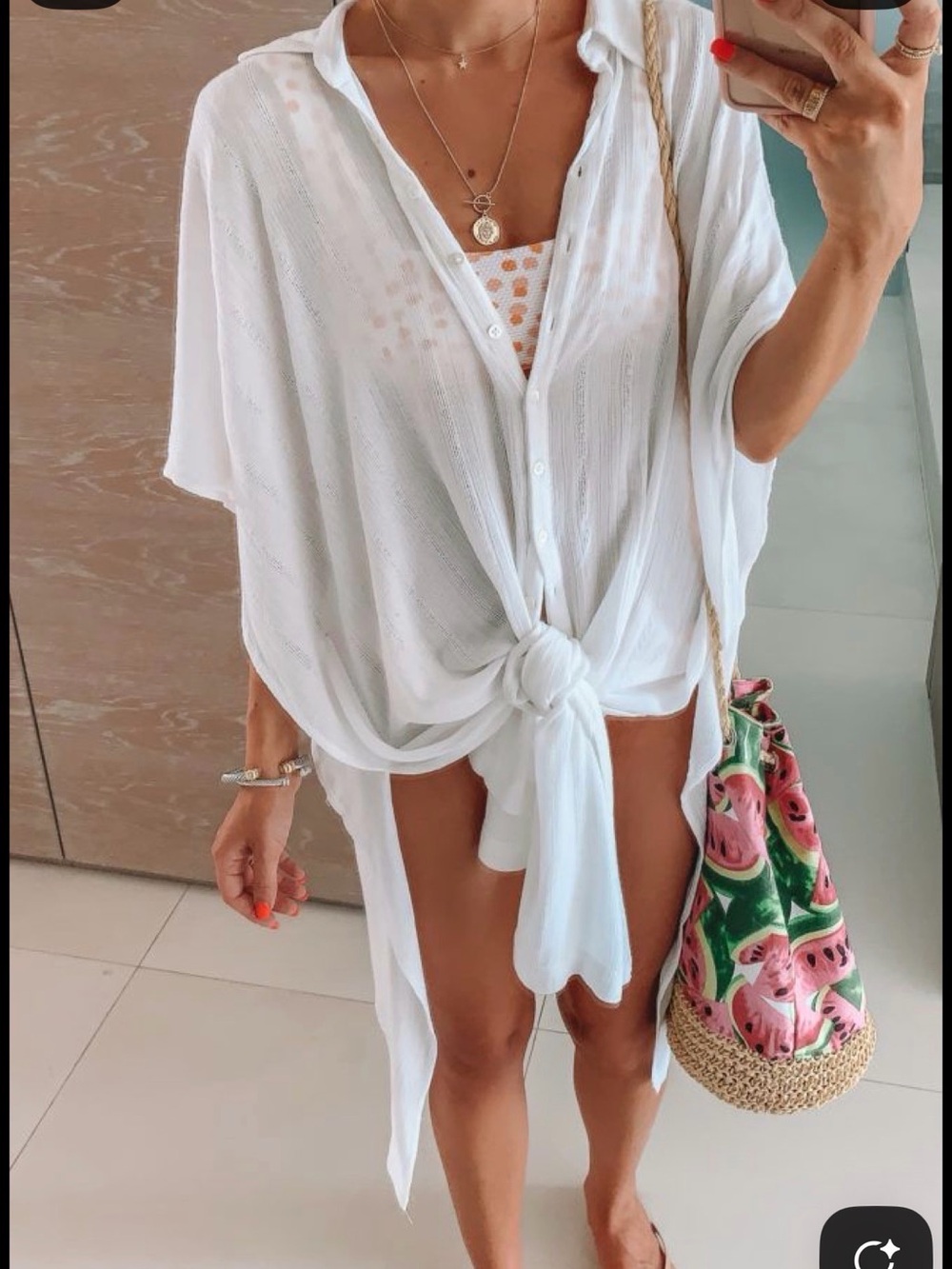 White Knot-Front Women's Swim Coverup Shirt with slit